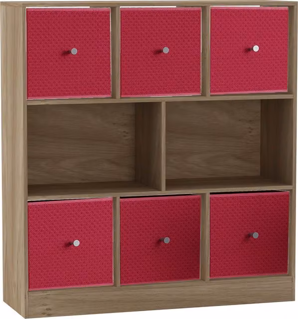 URBNLIVING 8 Oak Cube Bookcase with 6 Pink Fabric Storage Drawer Inserts