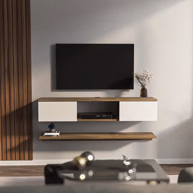 Decorotika Modern Elia Floating TV Unit with Accent Shelf in Walnut and White