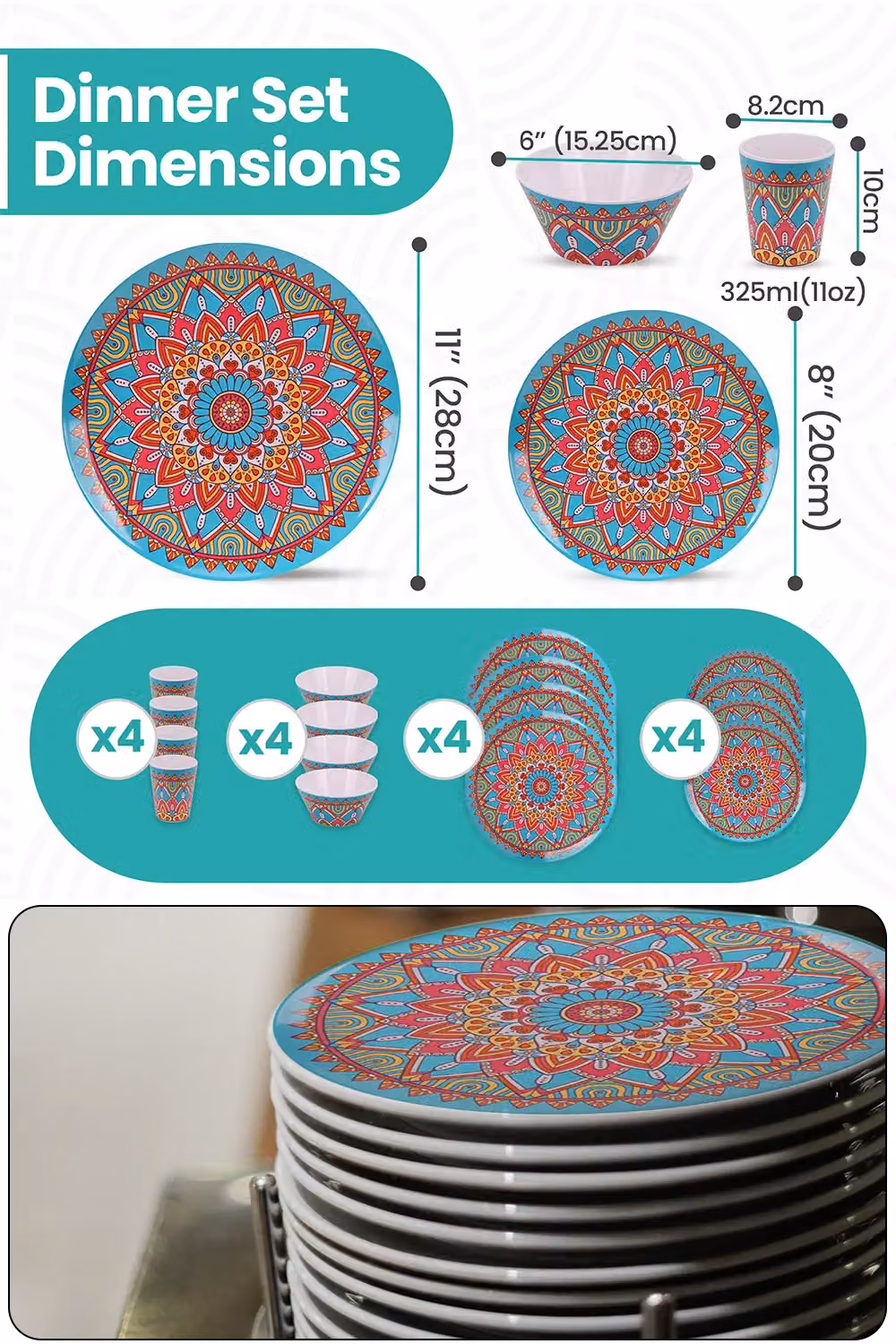 Neel Blue 16 Piece Melamine Dinner Set with Geometric Swirl Design in Blue and Multicolour – 2