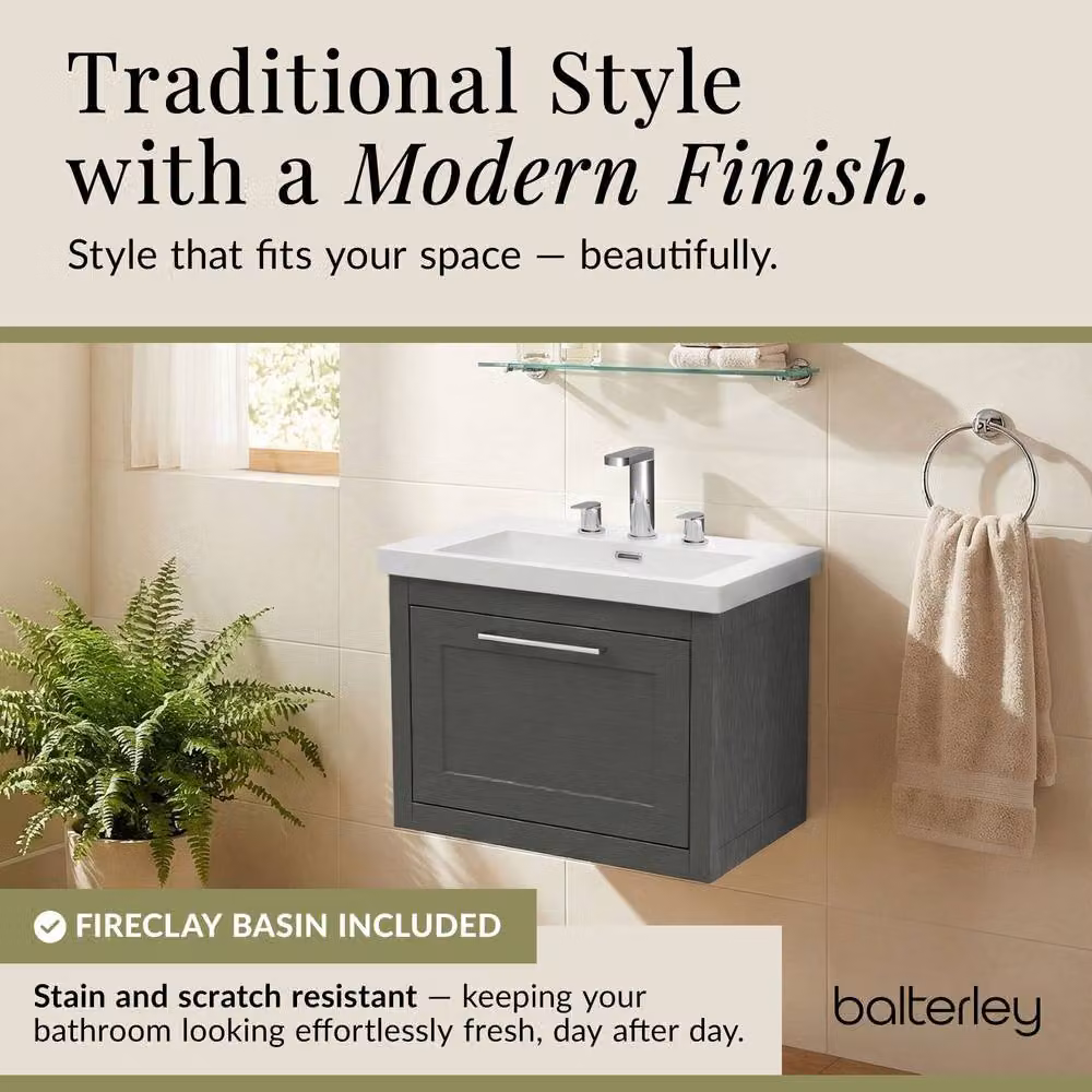 Balterley Blithbury 1 Drawer Vanity Basin Unit in Dark Grey Woodgrain, W: 60 cm, D: 45 cm, H: 60 cm – 3