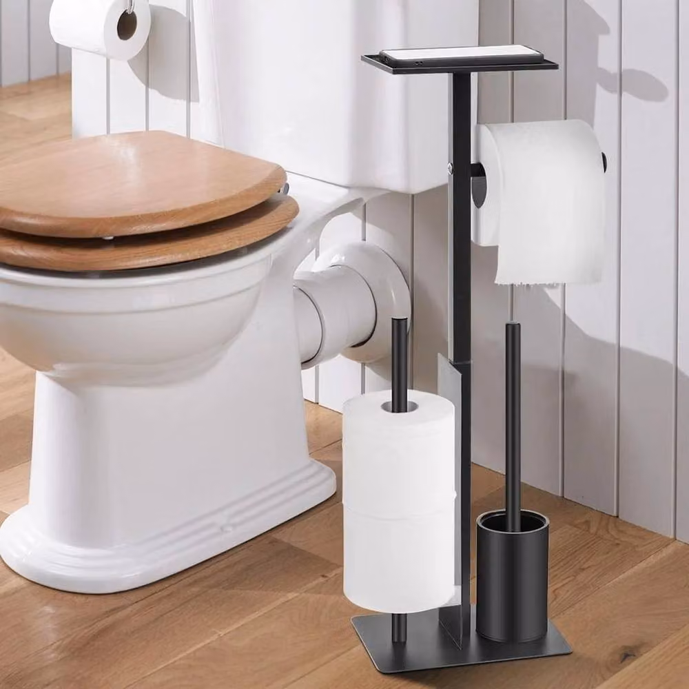 NESTLUNE Stainless Steel Free Standing Black Toilet Tissue Roll and Spare Roll Holder – 3
