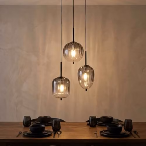 Globo Lighting Attila Cluster Pendant Lamp in Black Metal with Smoky Glass Shade, 3x E14 Bulbs, Height: 120 cm – 3