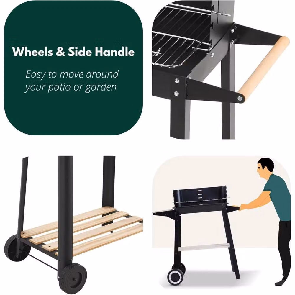 Marco Paul Garden Charcoal BBQ Grill with Wooden Shelf and Wheels in Black – 5