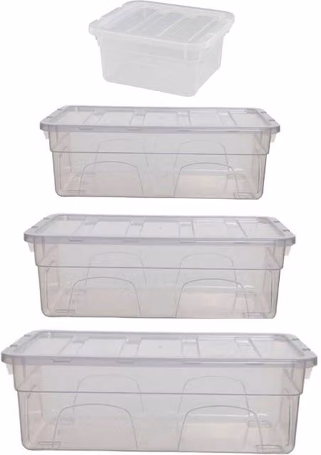 Whitefurze Set of 4 Spacemaster Stackable Plastic Storage Boxes with Lids, Transparent