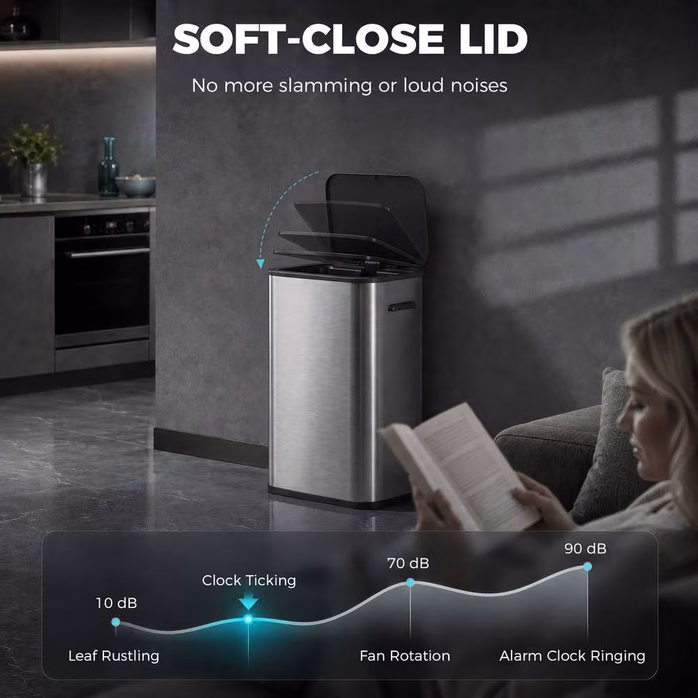 HOMCOM 55L Automatic Sensor Kitchen Bin with Soft Close Lid in Silver Stainless Steel – 4