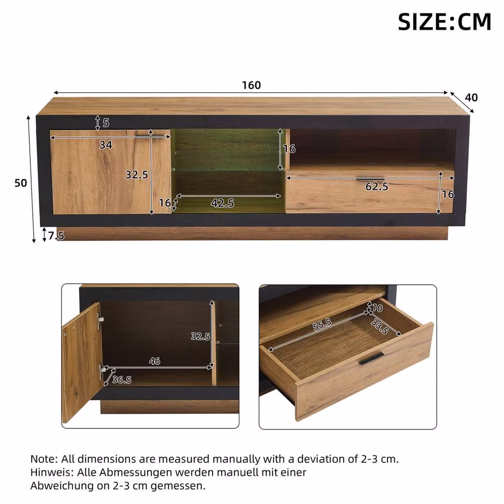 Rolipo Modern Wood and Black LED TV Stand Cabinet in Brown for 70 Inch TVs, Width: 160 cm – 3