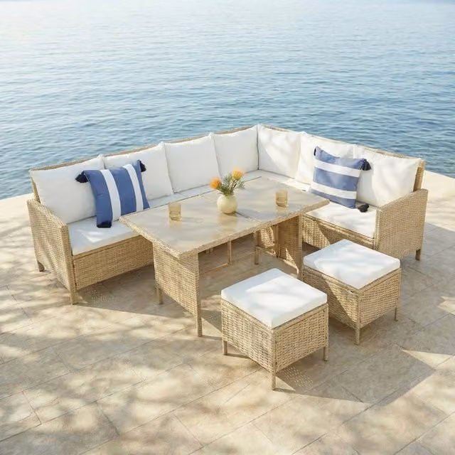 Home Garden Direct Thalia 8 Seater Rattan Corner Sofa and Glass Table Set in Natural with Beige and White Cushions – 1