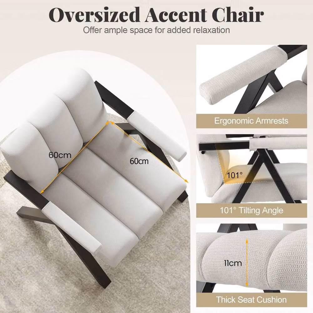 EONLION Oversized White Fabric Accent Chair with Metal Frame, W/D/H: 100 x 60 x 84 cm – 2