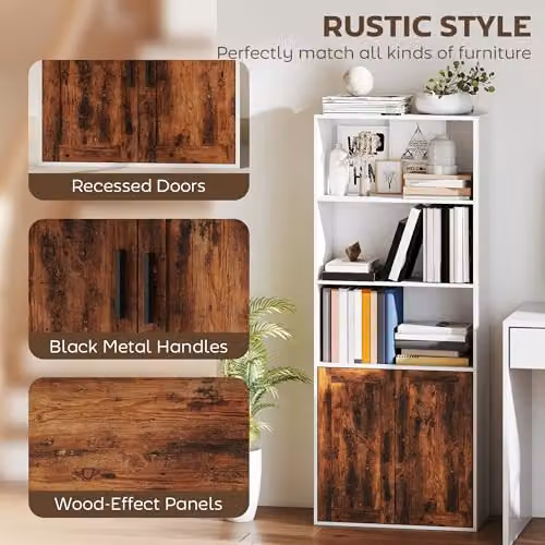 HOMCOM 5-Tier Rustic Brown Bookcase with 2 Doors and Open Shelves – 4