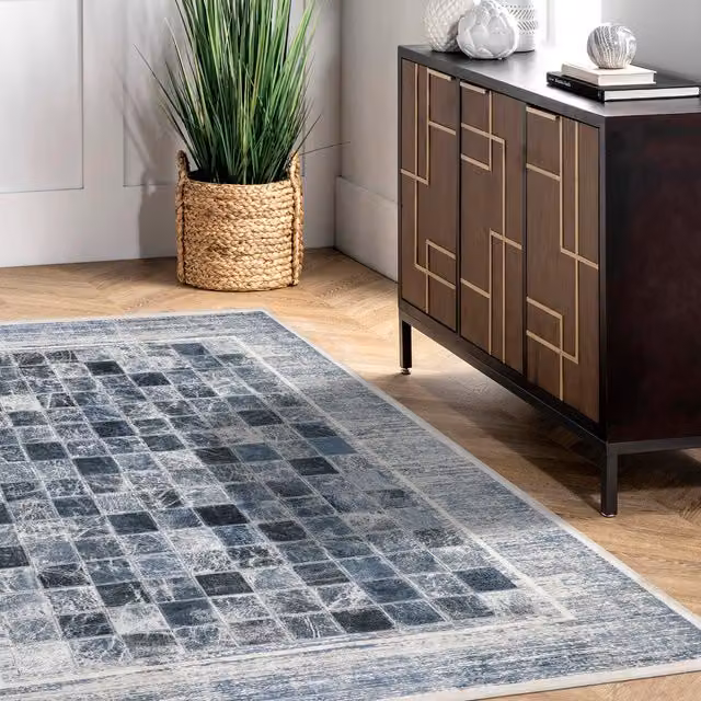 Woohoo Furniture Blue Checkerboard Flatweave Chenille California Rug, W: 100 cm, L: 200 cm