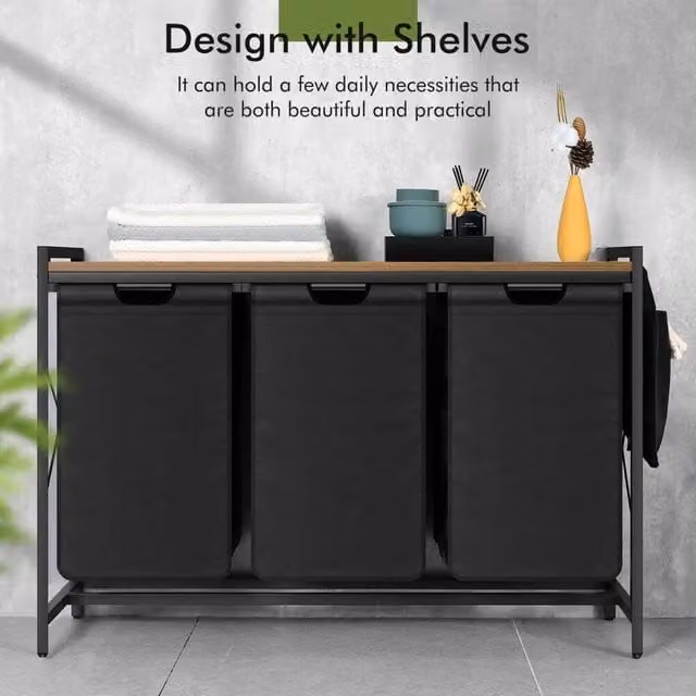 KORVIXA 3-Piece Fabric Laundry Organiser Washing Basket Bin Set in Black – 1