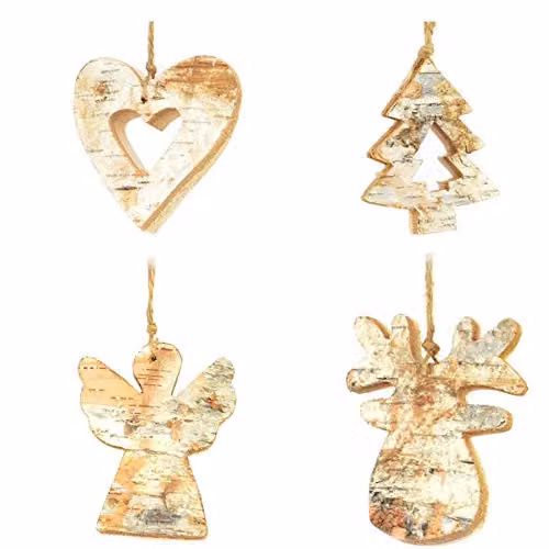 Shatchi Set of 4 Classic Wooden Christmas Tree Hanging Ornaments in Brown, 8 cm