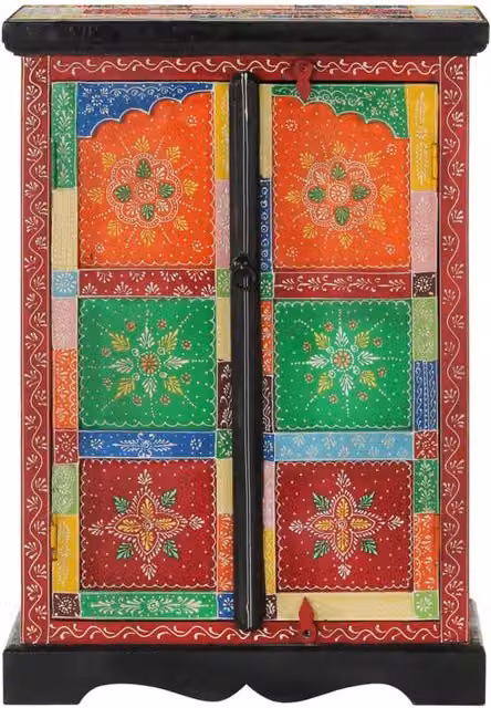 Berkfield Home Hand Painted Mango Wood Sideboard with Doors, Multicolour Floral Ethnic Design, W/D/H: 53 x 30 x 75 cm