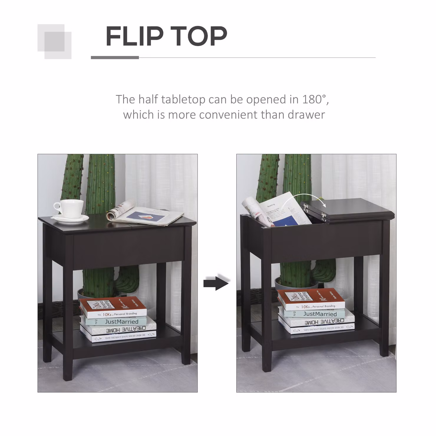 HOMCOM Minimalist Narrow Side Table with Flip Top and Shelf in Dark Coffee Brown – 5