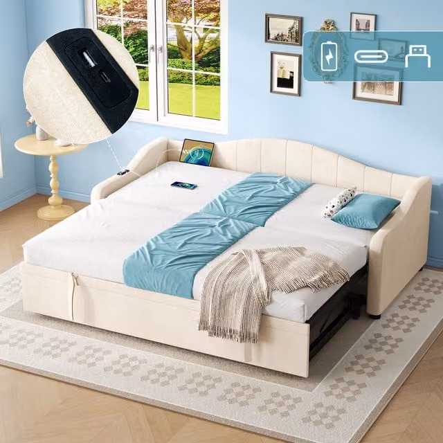 Matteo Beige Velvet Upholstered 3ft Single Daybed with Pull-Out Trundle and USB Charging Station, W/D/H: 90 x 190 cm