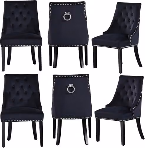 Life Interiors Windsor Set of 6 Knocker Back Velvet Dining Chairs in Black with Wood Legs