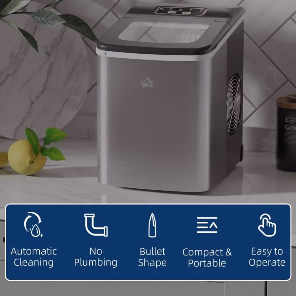 Rolipo Black and Silver Countertop Ice Maker Machine with 12kg Capacity and Stainless Steel Finish – 4