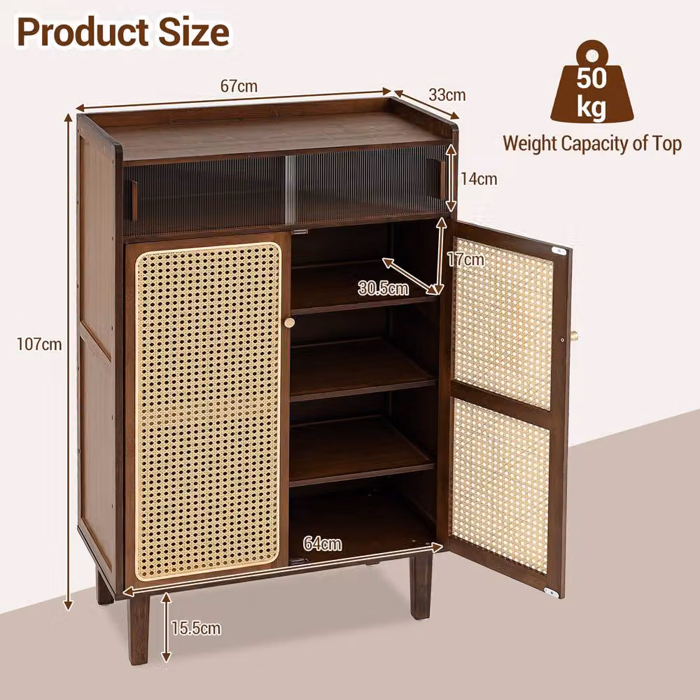 Gymax Bamboo Freestanding Shoe Cabinet with Rattan Sliding Doors in Brown – 2
