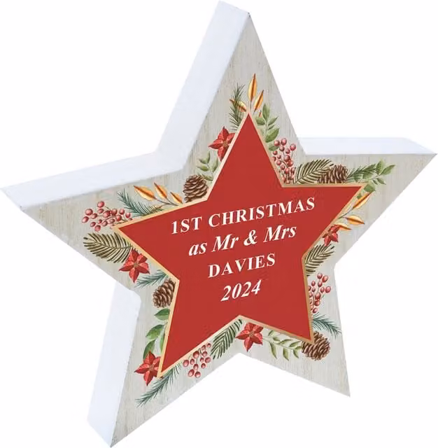 Personalised Memento Company Personalised Christmas Wooden Star Tabletop Ornament in Brown and White
