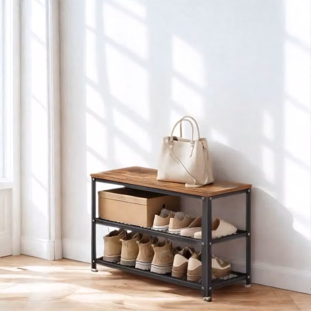 Pirlo Plush Shoe Storage Rack Bench with Open Shelves in Brown