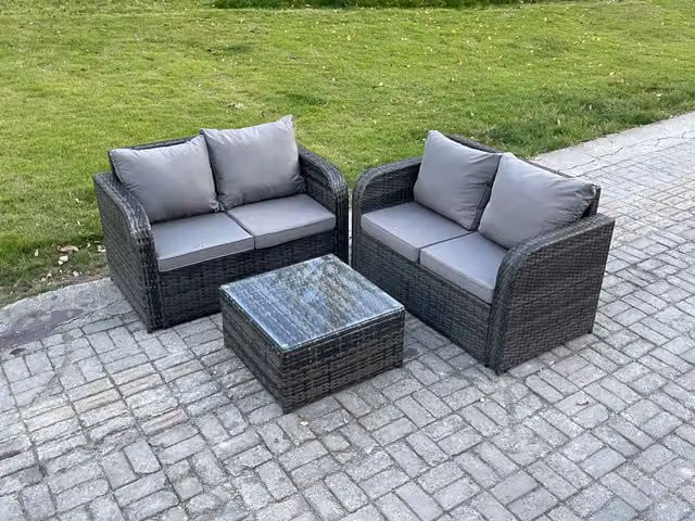 Fimous Rattan Garden Furniture Set with 2-Seater Loveseat Sofa and Square Coffee Table in Dark Grey