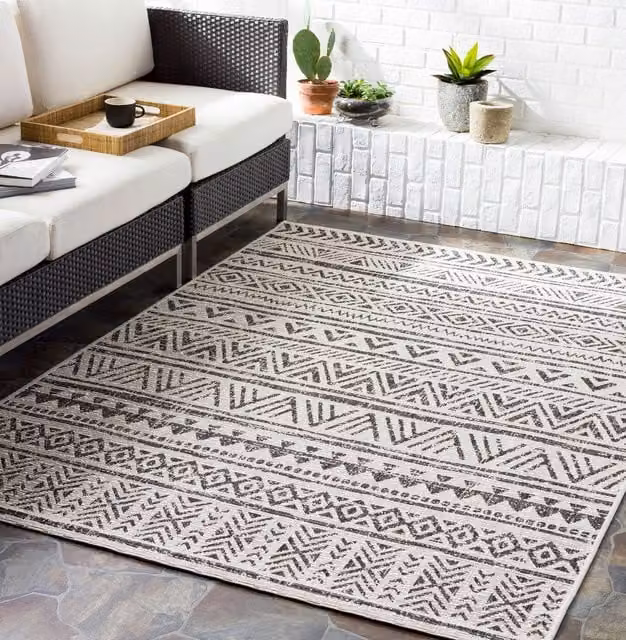 Livabliss Eagean Geometric Round In- & Outdoor Rug in Black, Grey and White, Diameter: 160 cm