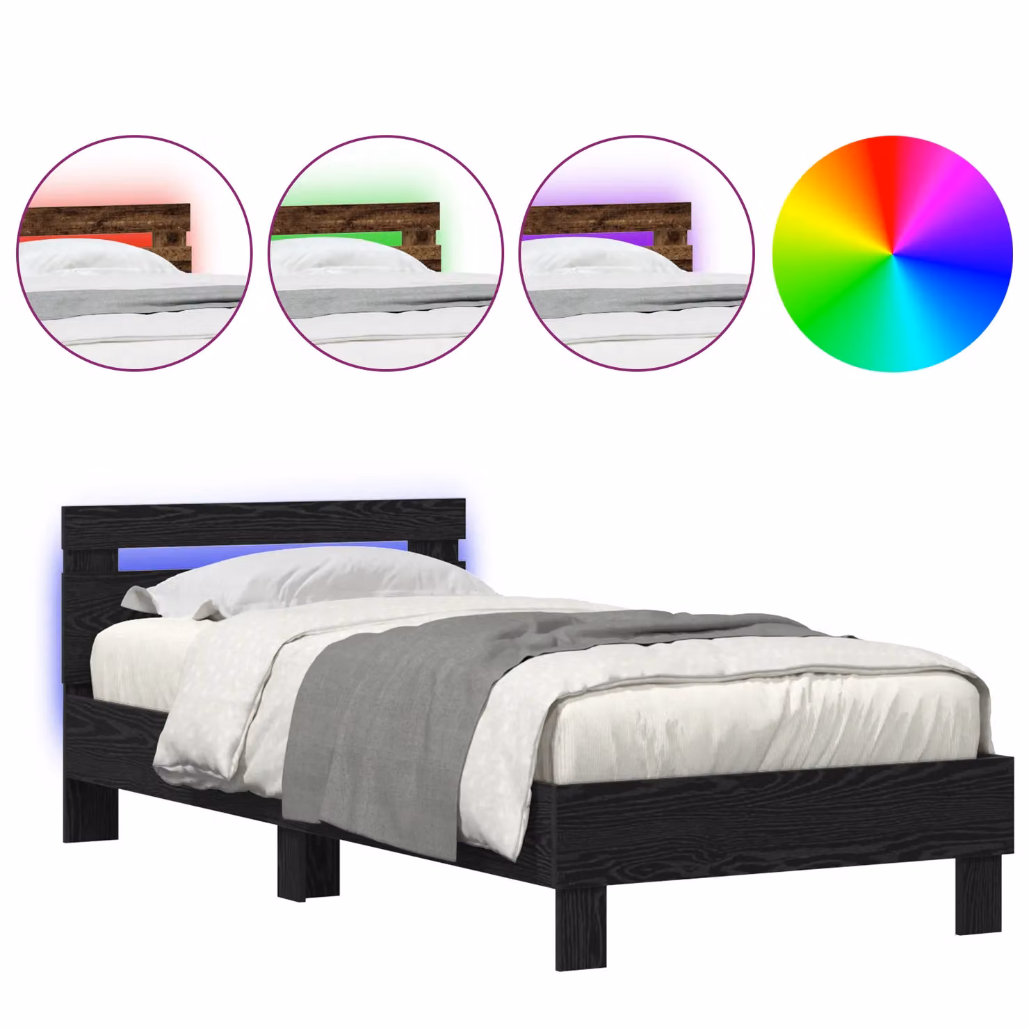 Berkfield Home Bed Frame with Under-Bed LED Lights in Black Oak, W/D/H: 90 x 190 cm, Engineered Wood – 3