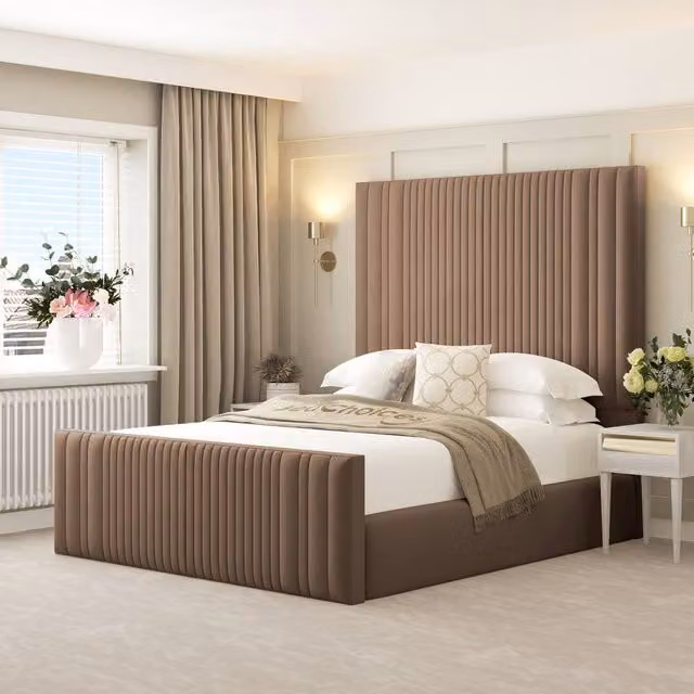 Bed Choices Aspire King Size Upholstered Ottoman Bed Frame with Gas Lift Storage and 70 inch Headboard in Taupe