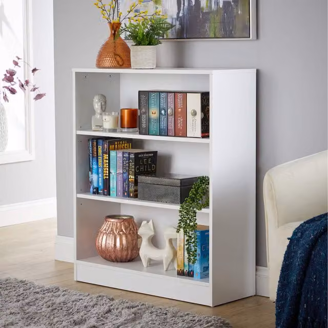 Home Source Clara Low Wide Storage Bookcase in White with Adjustable Shelves