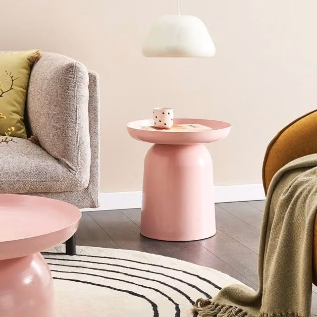 Wyld and Coco Aura Geometric Round Metal End Table in Pastel Pink, H 46.0 cm x W 45.0 cm
