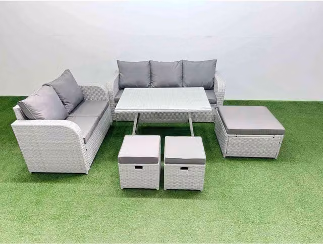 Fimous 8-Seater Outdoor PE Rattan Sofa and Dining Set in Light Grey with Dark Grey Fabric