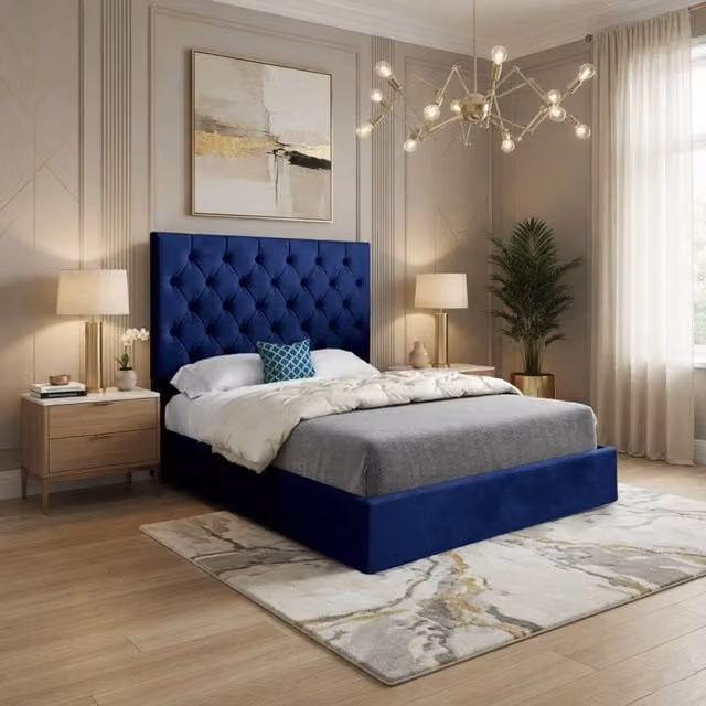 Casani Crantock Blue Velvet Upholstered Chesterfield Bed Frame, W/D/H: 200 x 189 x 137 cm – 1