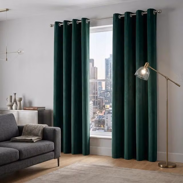 Livinluxury Green Velvet Chenille Eyelet Ring Top Curtains, Width: 137 cm