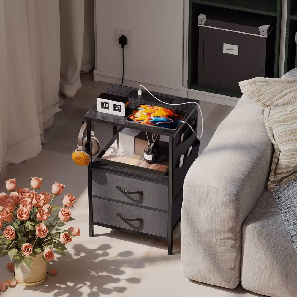 STILVORA Bedside Table with Charging Station in Black – 2