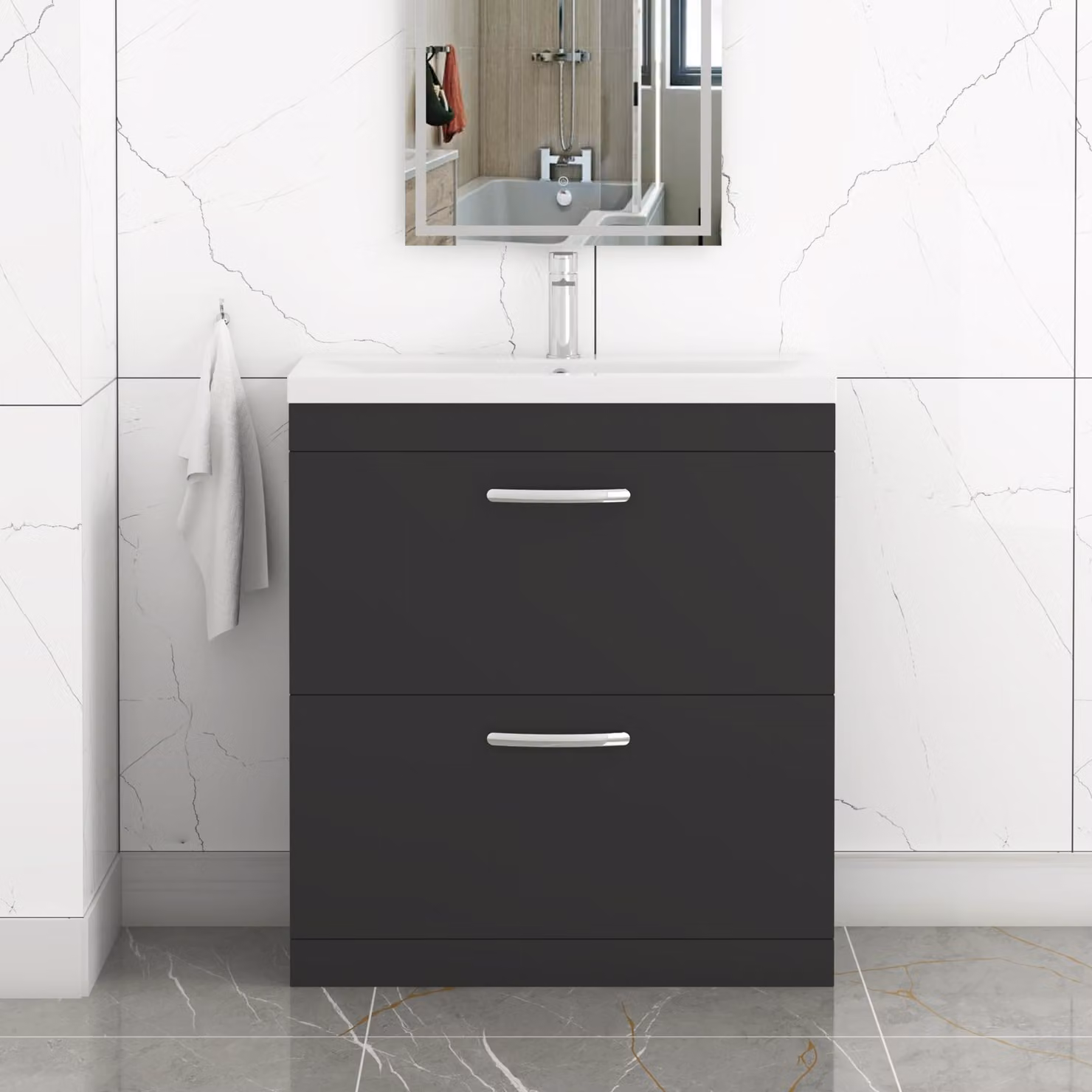 Royal Bathrooms Turin 800mm Matt Black Floor Standing Vanity Unit with 2 Drawers and Mid-Edge Basin