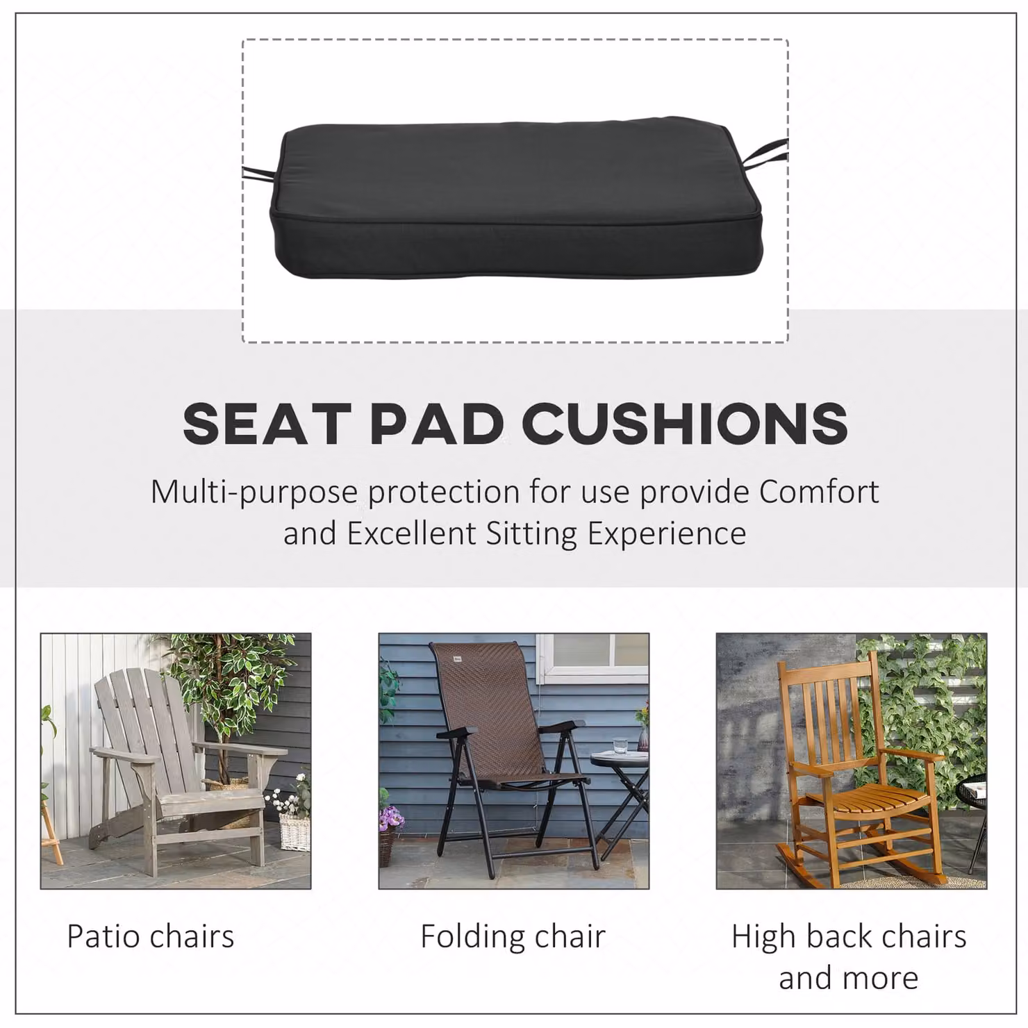 Outsunny Set of 6 Square Garden Chair Cushions with Ties in Black and Grey – 6