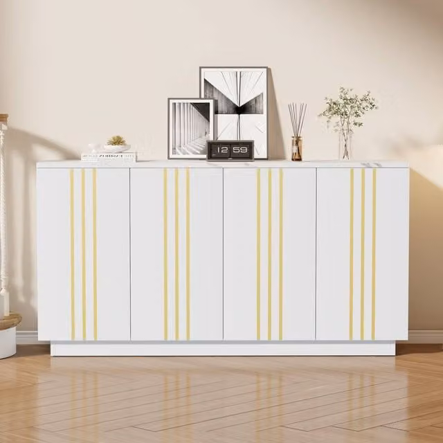 BTM Modern 4-Door Sideboard Cabinet in White and Gold, W/D/H: 140 x 35 x 70 cm