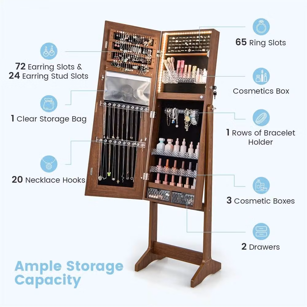 FORGEVIO Brown Wood Jewelry Armoire with Integrated LED Lighting, Internal Drawers and Lock – 2