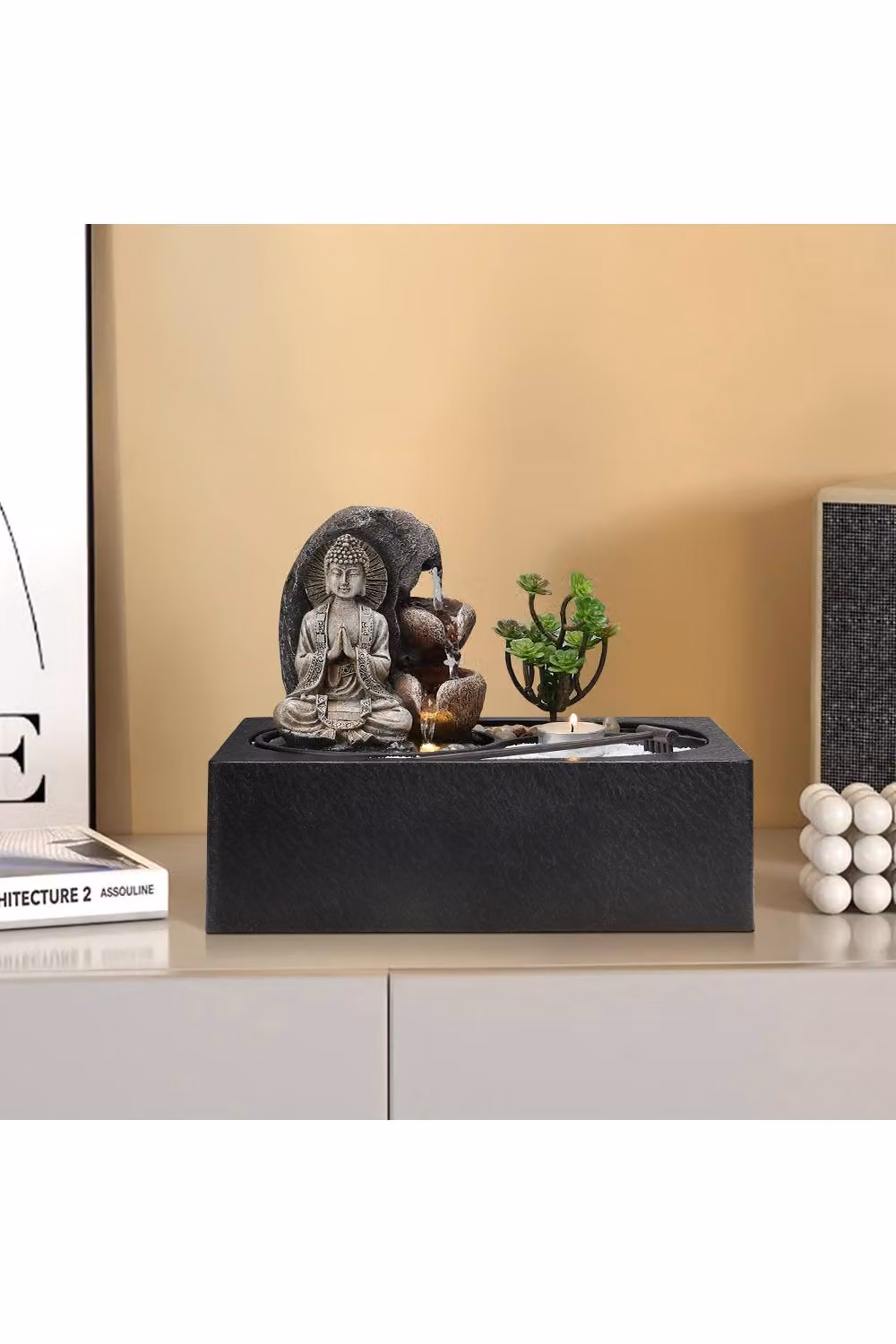 Garden Sanctuary Buddha Zen Tabletop Water Fountain with LED Light and Tealight Holder in Green and Sand – 2