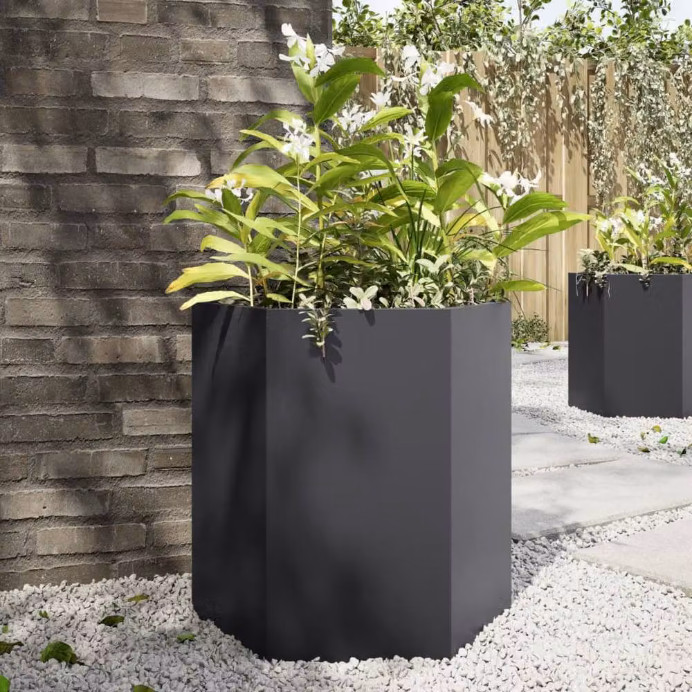Berkfield Home Garden Hexagon Steel Planter Tub, 2 Pieces, Black, W: 46 cm, D: 40 cm, H: 45 cm – 2