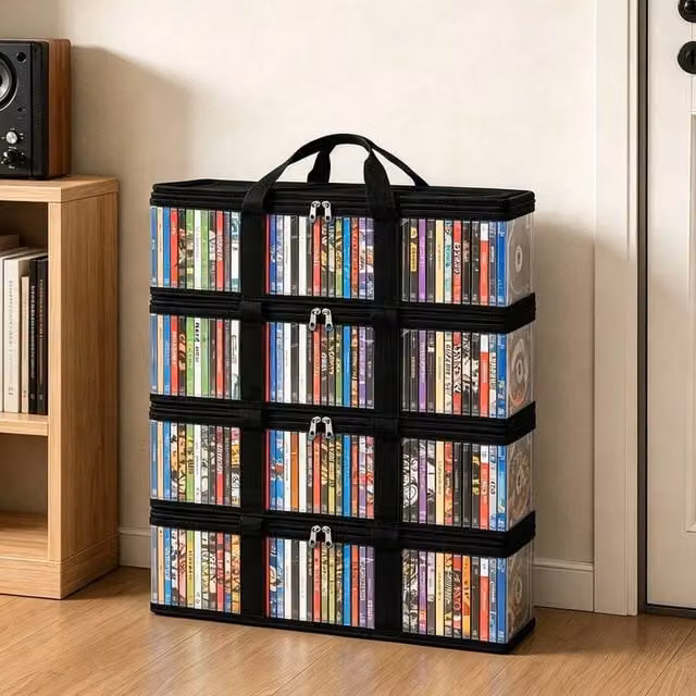 EONLION 4-Piece Set of Foldable DVD Storage Boxes with Handles, Black and Transparent – 1