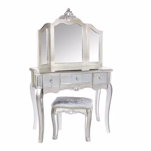 Melody Maison Tiffany Range Ornate Mirrored 3 Drawer Dressing Table, Stool and Mirror Bedroom Furniture Set in Metallic Silver – 4