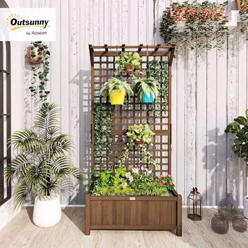 Outsunny Wood Planter with Trellis for Climbing Plants, Brown, H 183 x W 90 x D 45 cm – 2