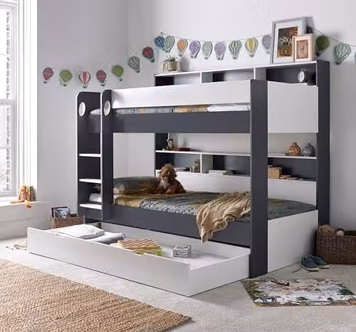 Bedmaster Olly Two-Level Storage Bunk Bed with Spring Mattresses in White and Grey