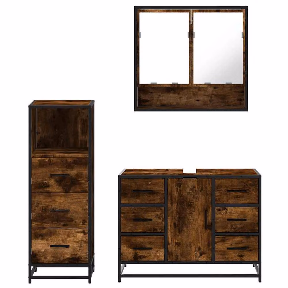 Berkfield Home 3 Piece Industrial Bathroom Furniture Set in Brown Smoked Oak – 5
