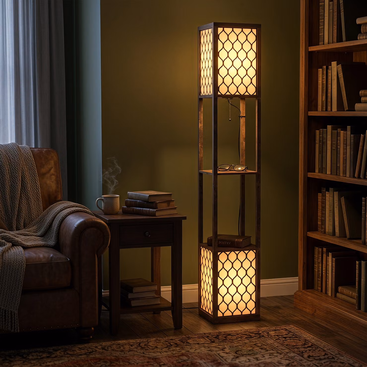 HOMCOM Modern Tall Floor Lamp with Shelves and Fabric Lampshades in Rustic Brown – 6