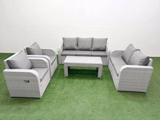 Fimous PE Rattan Garden Furniture Set in Light Grey with 3-Seater Sofa, Armchair, and Coffee Table