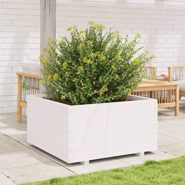 Berkfield Home Beautiful Garden Planter in White, Solid Wood, W/D/H: 90 x 90 x 49.5 cm – 1