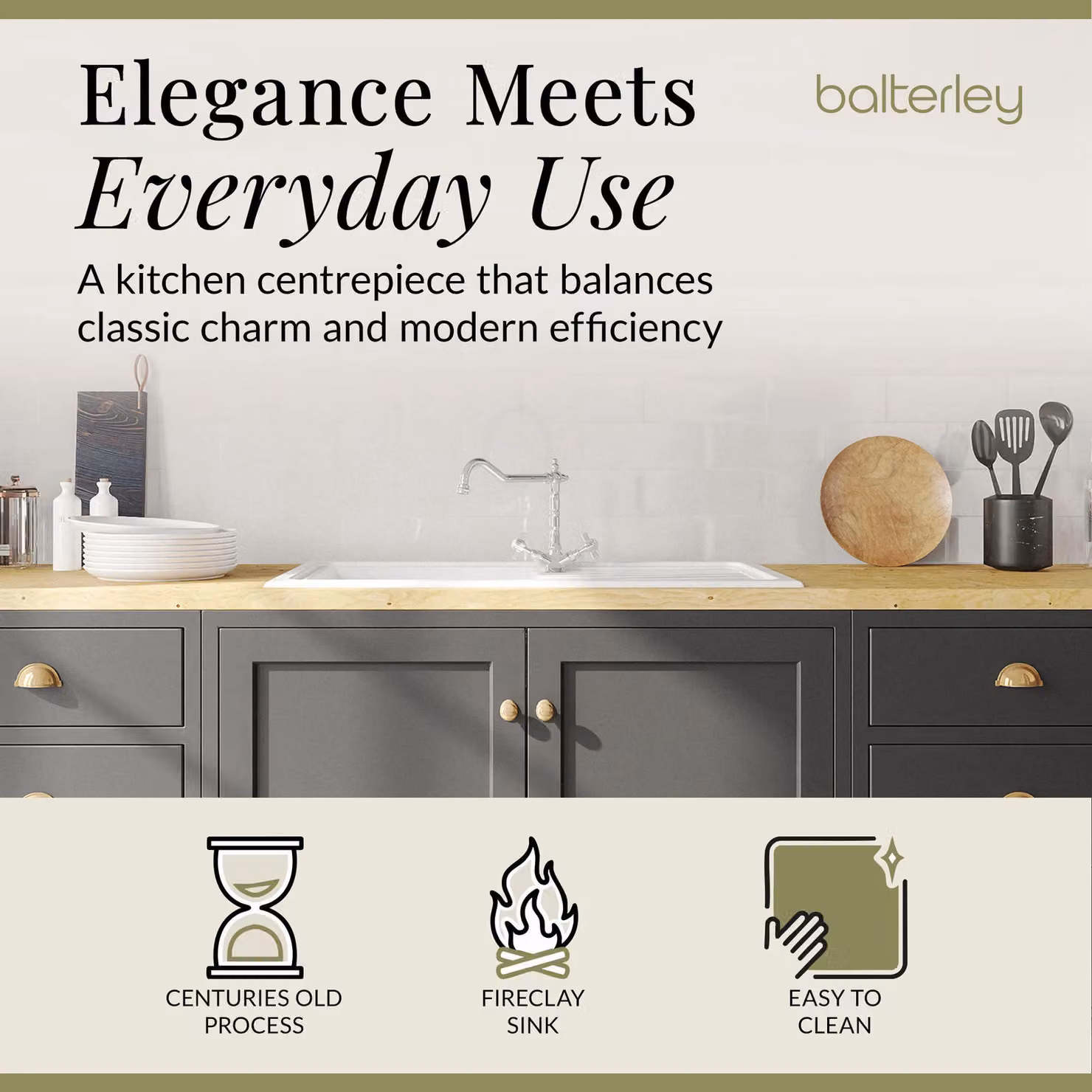 Balterley White Ceramic Fireclay Drop In 1 Bowl Sink with Drainer Tap Waste, Width: 1010 mm – 2