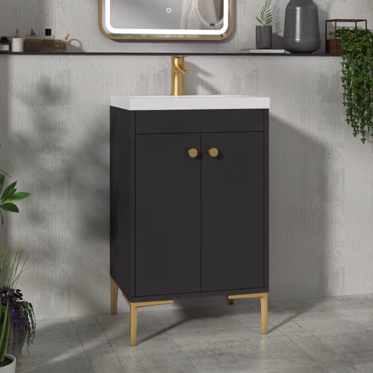 Royal Bathrooms Verona 500mm Matt Black Floor Standing 2 Door Vanity Unit with Mid-Edge Basin and Brushed Brass Knob